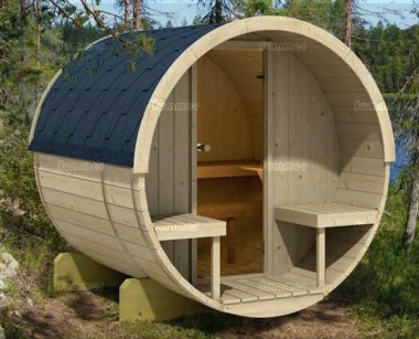 Log Barrel Sauna 989 - Slatted Benches, Felt Tiles, Verandah Log Barrel Sauna 989 - Slatted Benches, Felt Tiles, Verandah
