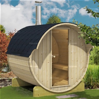 Log Barrel Sauna 991 - Slatted Benches, Felt Tiles