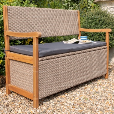 2 Seater Rattan Storage Bench 937 - Hardwood Frame, Hinged Lid