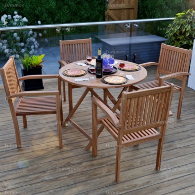 4 Seater Teak Dining Set 197 - Stacking Armchairs, Round Table 4 Seater Teak Dining Set 197 - Stacking Armchairs, Round Table