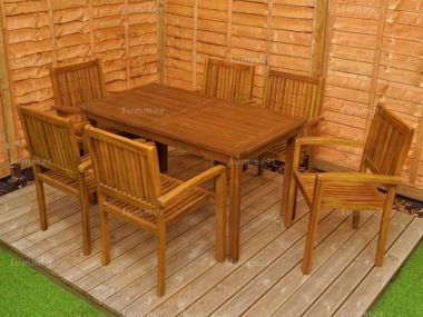 6 Seater Teak Dining Set 198 - Stacking Armchairs, Rectangular Table