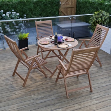 4 Seater Teak Dining Set 205 - Reclining Chairs, Round Table 4 Seater Teak Dining Set 205 - Reclining Chairs, Round Table