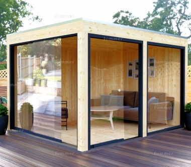 Modern Wooden Gazebo 861 - Pent Roof, Sliding Glass Walls