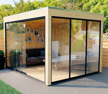 Modern Wooden Gazebo 862 - Pent Roof, Sliding Glass Wall