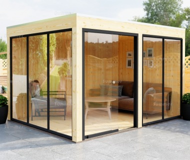 Modern Wooden Gazebo 866 - Pent Roof, Sliding Glass Walls