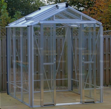 Grey Aluminium Greenhouse 618 - Toughened Glass, Double Door