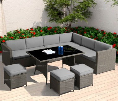 10 Seater Rattan Corner Dining Set 234 - Steel Frame, 80mm Cushions