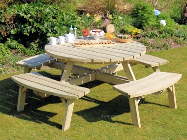 8 Seater Round Picnic Table 840 - 4ft 5in Table, Pressure Treated, PEFC Certified 8 Seater Round Picnic Table 840 - 4ft 5in Table, Pressure Treated, PEFC Certified