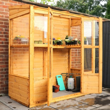 Wooden Pent Greenhouse 295 - Part Boarded, Hinged Double Doors